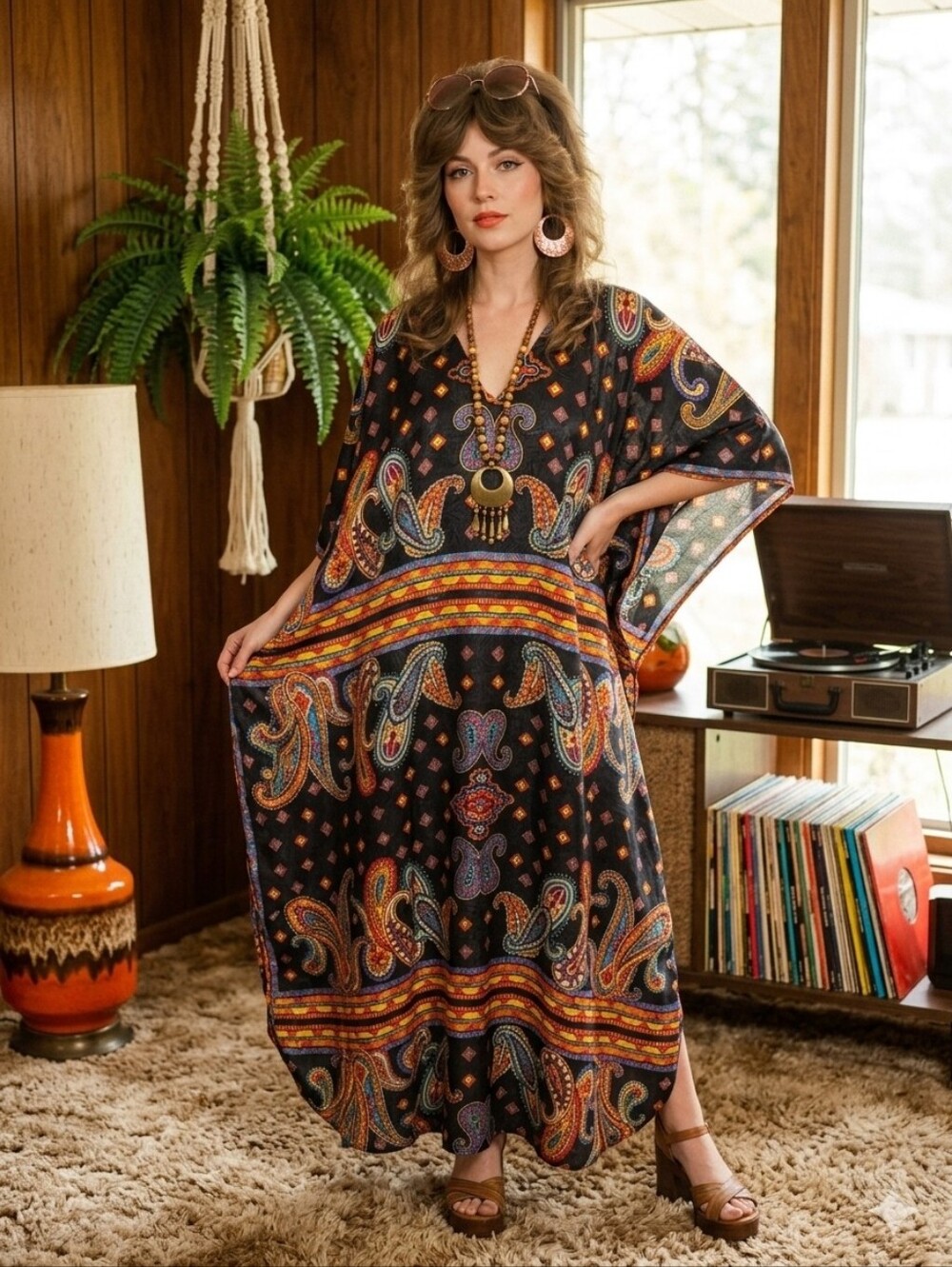 Vintage Winlar Kaftan MuMu Gown House Dress OS Paisley Boho Mrs. Roper 70s Retro